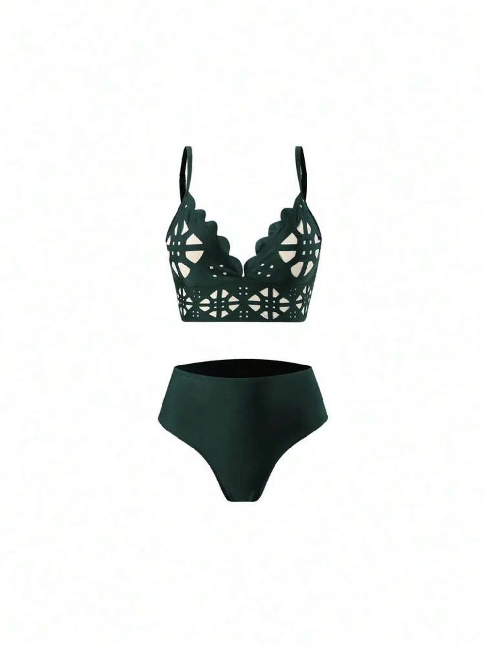 Women’s Dark Green Laser-Cut Wide Leg 3 pc Swimsuit / Coverup